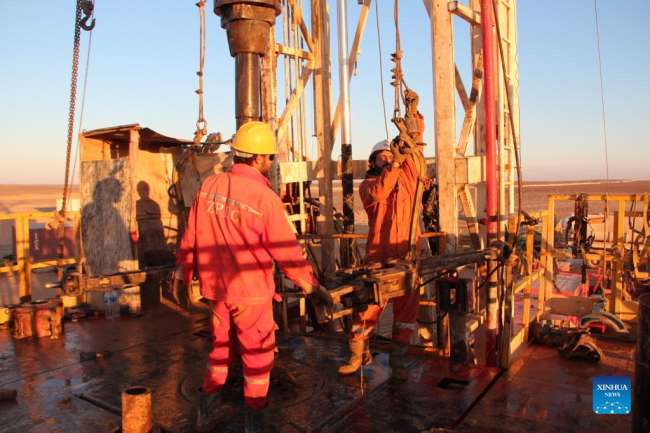 Punëtorët e firmës kineze Zhongman Petroleum and Gas Group (ZPEC) shpojnë një pus për një plantacion panxhari në një shkretëtirë të provincës Minya, Egjipt më 12 nëntor 2018./Xinhua