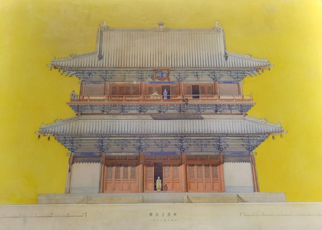 Ζωγραφική απεικόνιση της πρόσοψης του Γκουανγινγκέ στο Μοναστήρι Ντουλέ (1932), από την Συλλογή της Ένωσης Κινεζικής Αρχιτεκτονικής, που παρουσιάζεται στην Έκθεση για τα 120 χρόνια από την γέννηση του Λιανγκ Σιτσένγκ, 4 Σεπτεμβρίου 2021 (Φωτογραφία: Εύα Παπαζή)