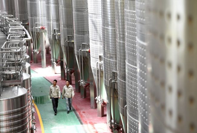 Pracovníci hlídají sklad vína v Hornickém městečku Yongning v kraji Yinchuan, v severozápadní čínské autonomní oblasti Ningxia Hui, 1. července 2021. [Xinhua/Wang Peng]