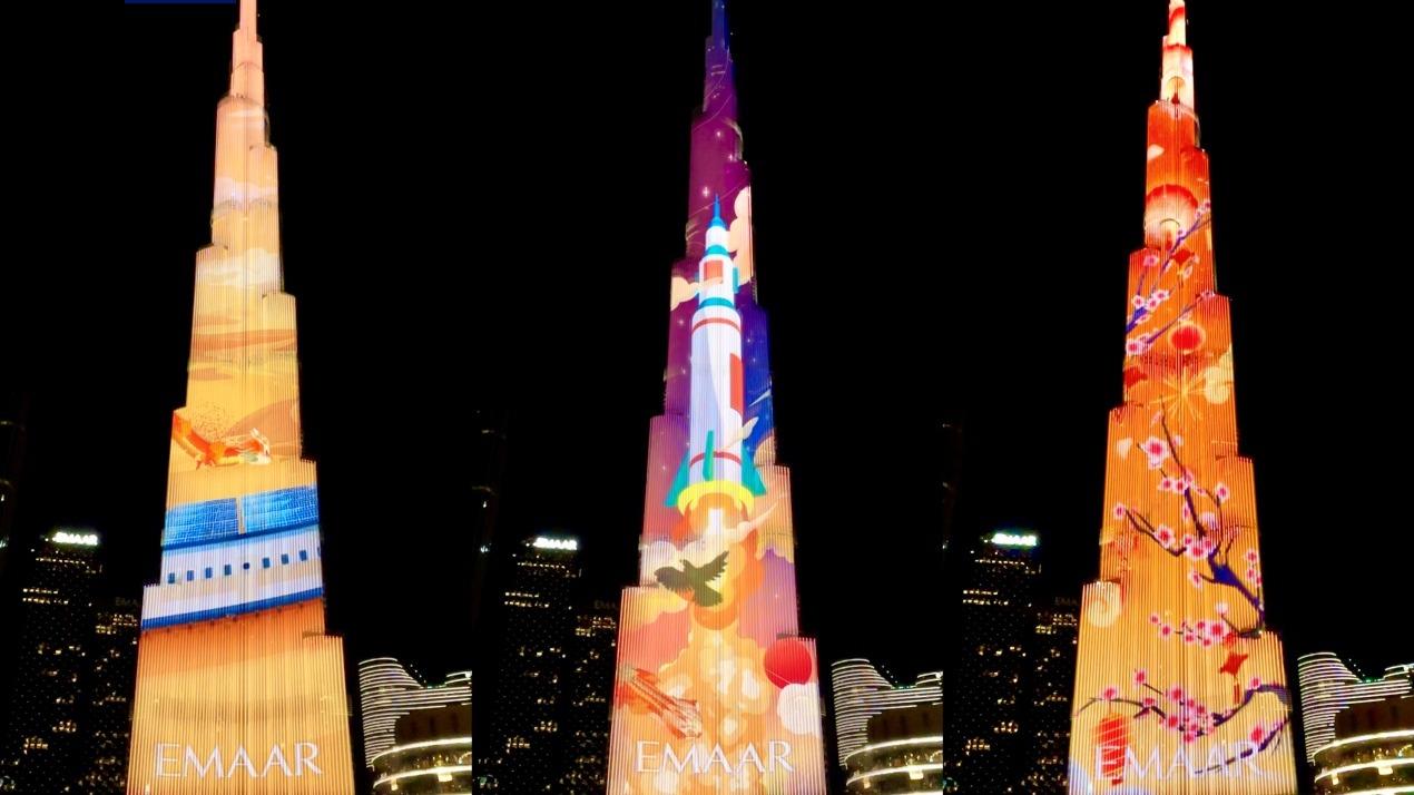 نور آذین شدن برج خلیفه دبی به مناسب فرا رسیدن سال نوی چینیا