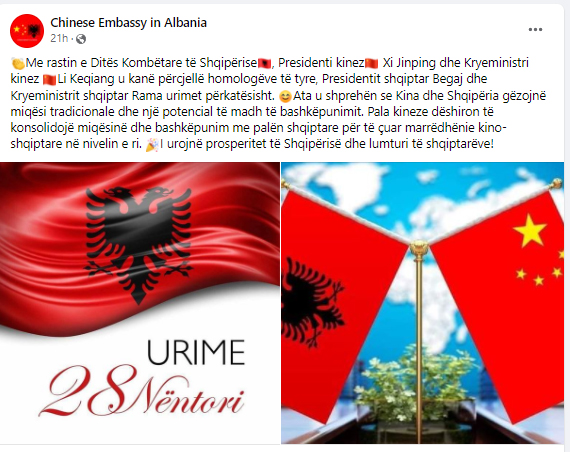 Foto:Postimi në llogarinë e rrjetit social të Ambasadës së Kinës në Shqipëri