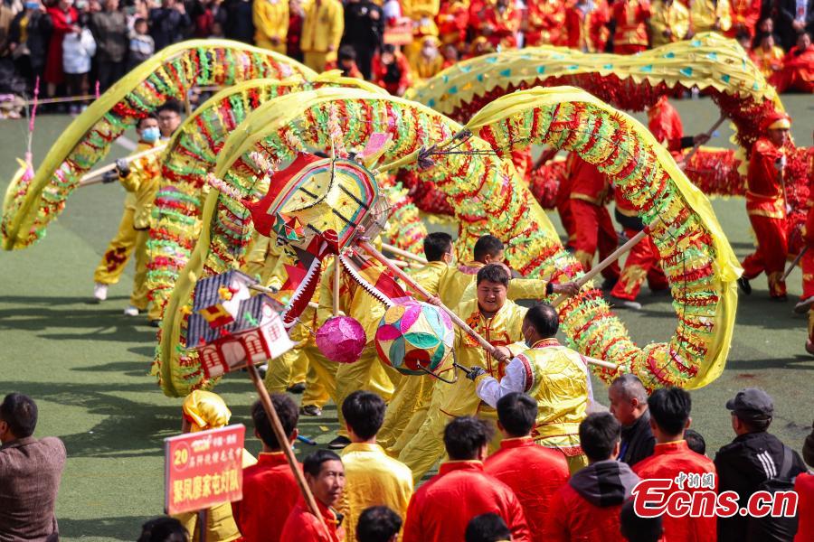 Μέλη της εθνότητας Γκελάο εκτελούν τον χορό δράκου για να γιορτάσουν το Μαολόνγκ στην κομητεία Σιτσιέν κοντά στην πόλη Τονγκρέν, στην επαρχία Γκουιτζόου της νοτιοδυτικής Κίνας, στις 20 Φεβρουαρίου 2024. (Φωτογραφία: China News Service/Qu Honglun)