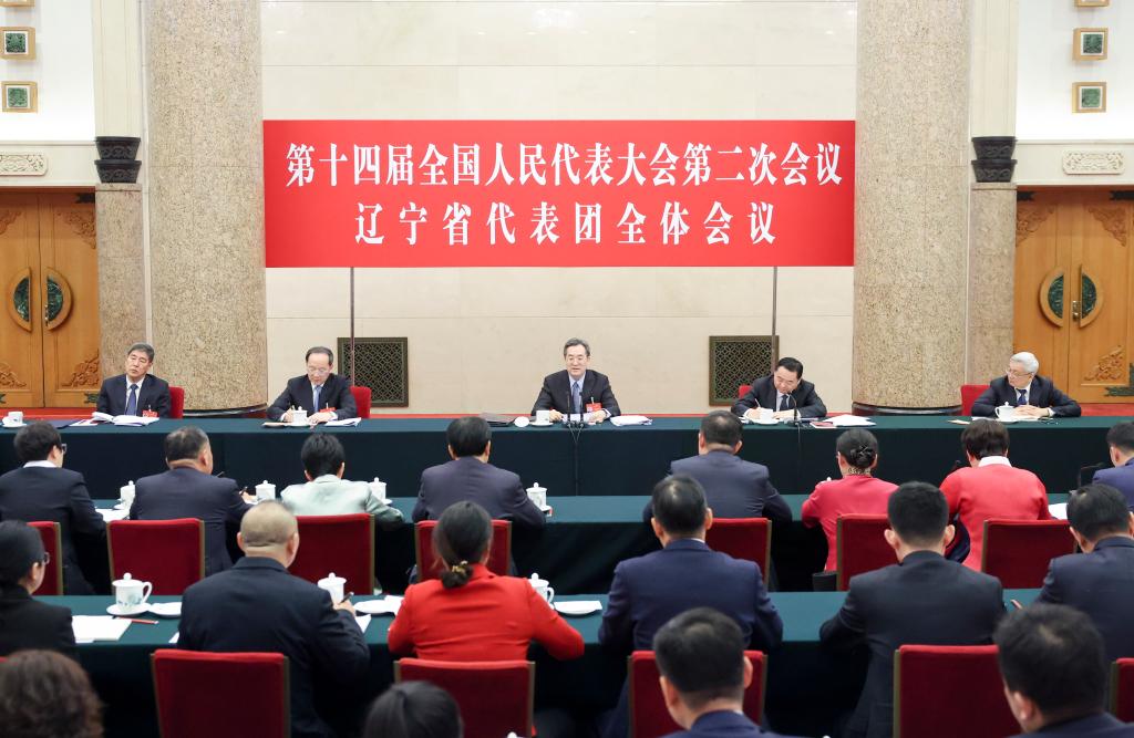 Ο Ντινγκ Σιουεσιάνγκ, μέλος της Μόνιμης Επιτροπής του Πολιτικού Γραφείου της Κεντρικής Επιτροπής του Κομμουνιστικού Κόμματος της Κίνας και αναπληρωτής πρωθυπουργός της Κίνας, ενώνεται με τους συναδέλφους εκπροσώπους από την αντιπροσωπεία της επαρχίας Λιαονίνγκ για να συζητήσουν σχετικά με την έκθεση εργασίας της κυβέρνησης στη δεύτερη σύνοδο του 14ου Εθνικού Λαϊκού Συνεδρίου στο Πεκίνο, πρωτεύουσα της Κίνας, 5 Μαρτίου 2024. (Xinhua/Ding Haitao)
