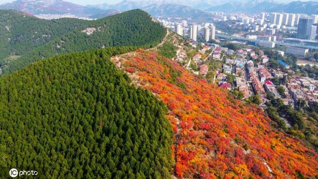 山東省済南市の蝎子山、赤と緑で真っ二つに