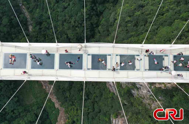 السياح يجربون الانزلاق على الحبل في حديقة تشانغجياجيه الوطنية